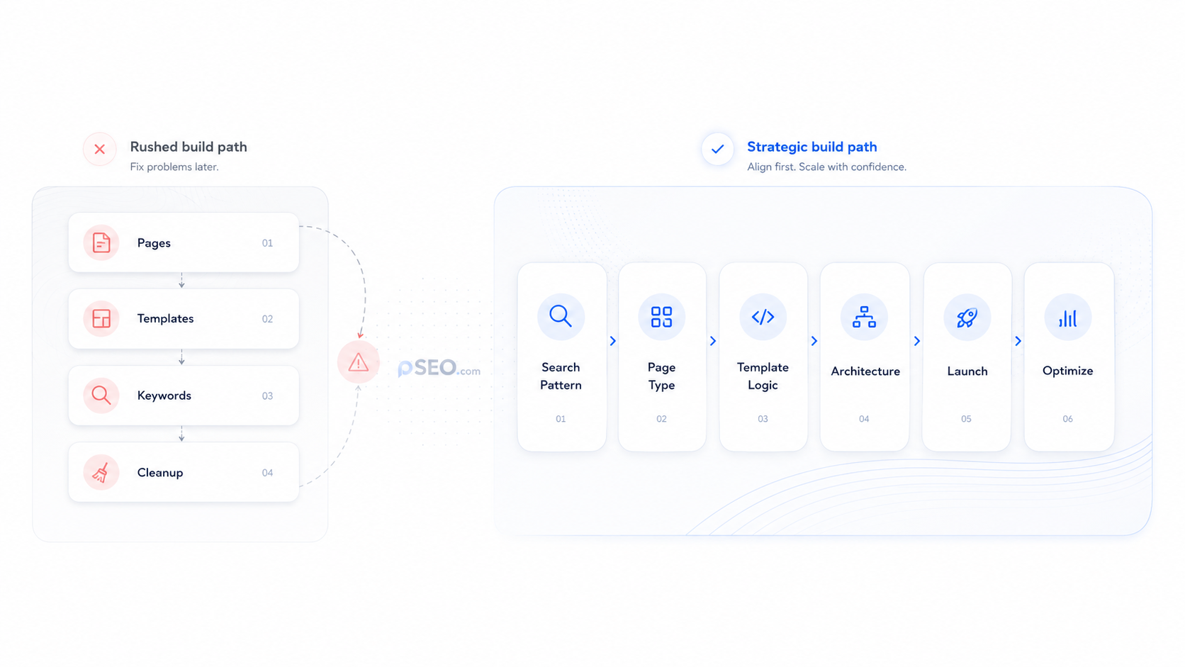 Diagram comparing a rushed build path with the strategic build path for programmatic SEO.